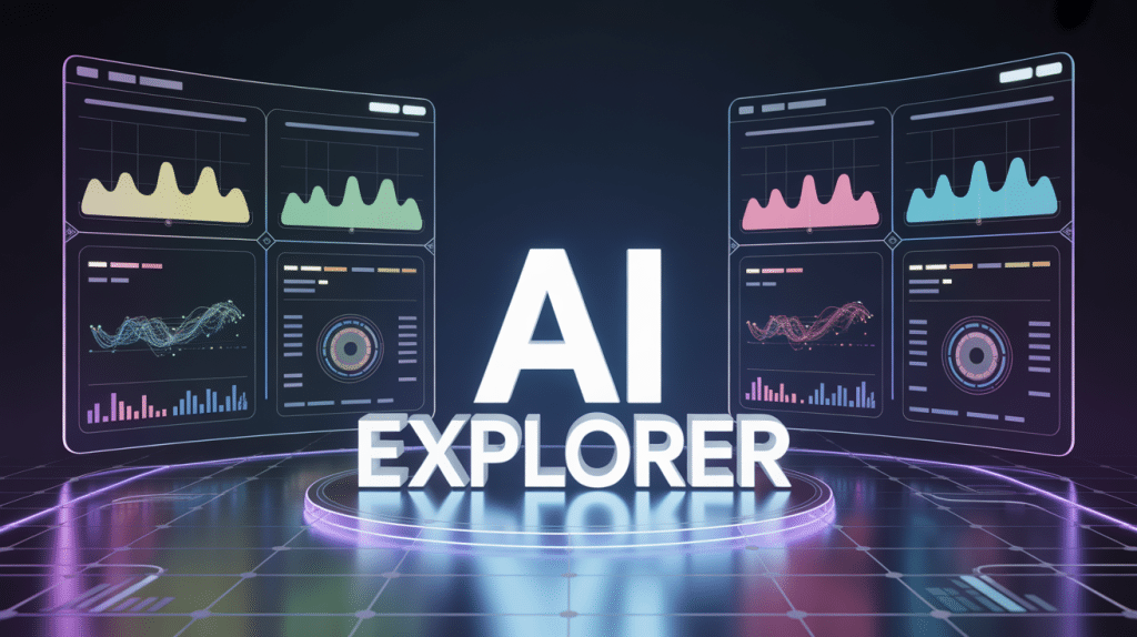 Interface AI explorer avec écrans holographiques et graphiques
