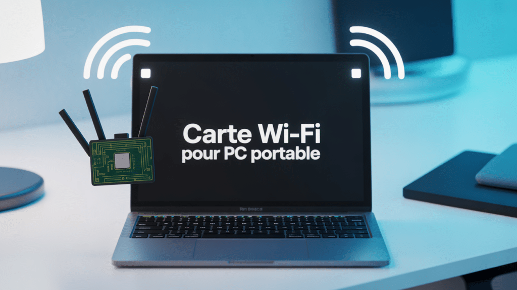 carte wifi pc portable ouverte avec ondes sur bureau