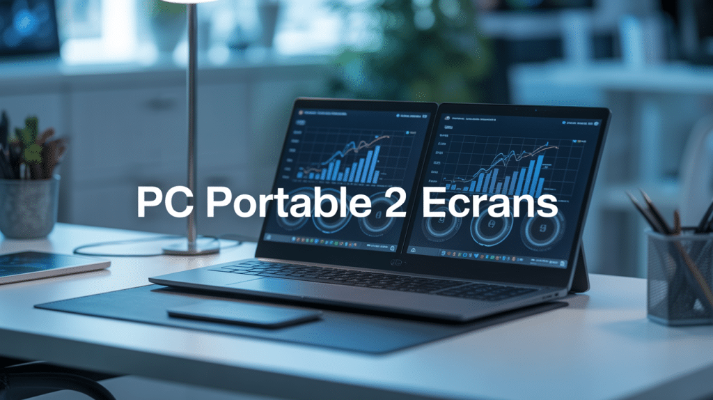 pc portable 2 ecrans sur bureau avec graphiques