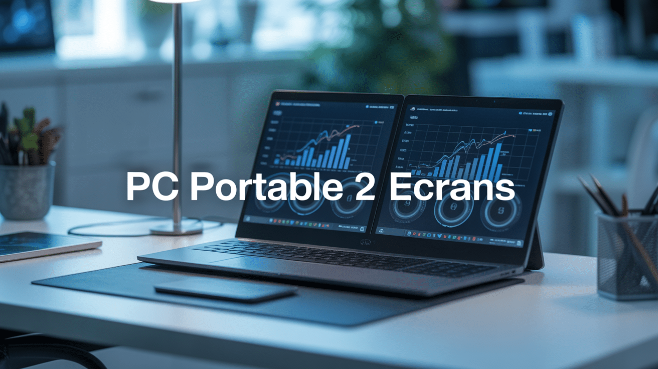 pc portable 2 ecrans sur bureau avec graphiques