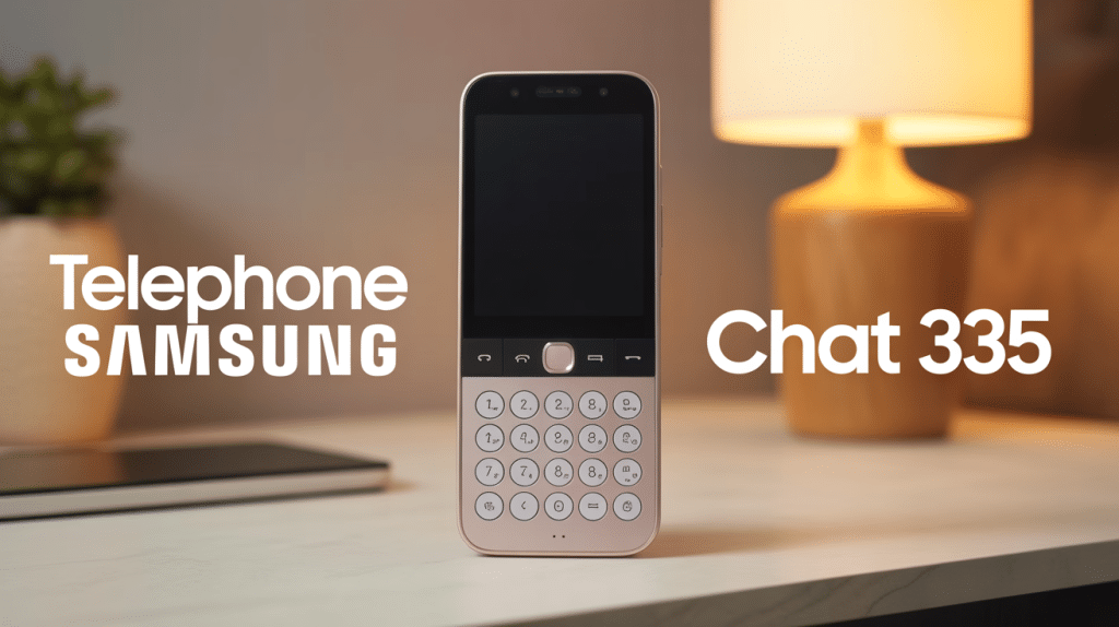 telephone samsung chat 335 sur table, clavier visible