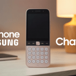 telephone samsung chat 335 sur table, clavier visible