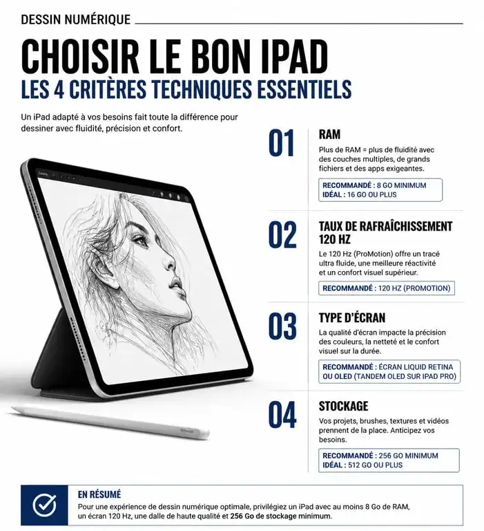 Infographie des critères techniques pour choisir le meilleur iPad pour dessiner : RAM, écran et stockage