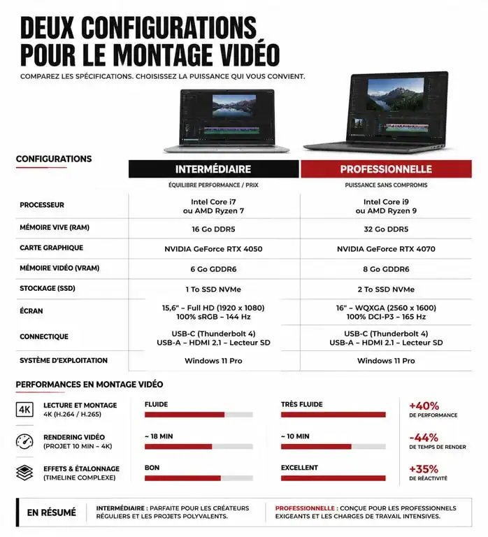 Tableau comparatif des configurations d'ordinateurs portables pour le montage vidéo 4K