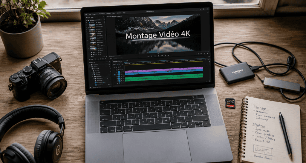 ordinateur portable montage vidéo 4K sur bureau