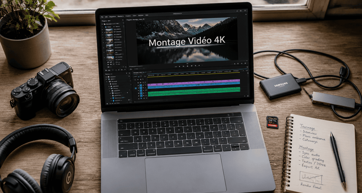 ordinateur portable montage vidéo 4K sur bureau