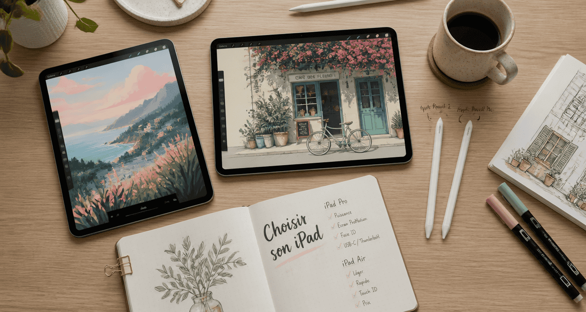 Quel iPad pour dessiner ? iPad Pro et Air avec Apple Pencil sur bureau d'artiste