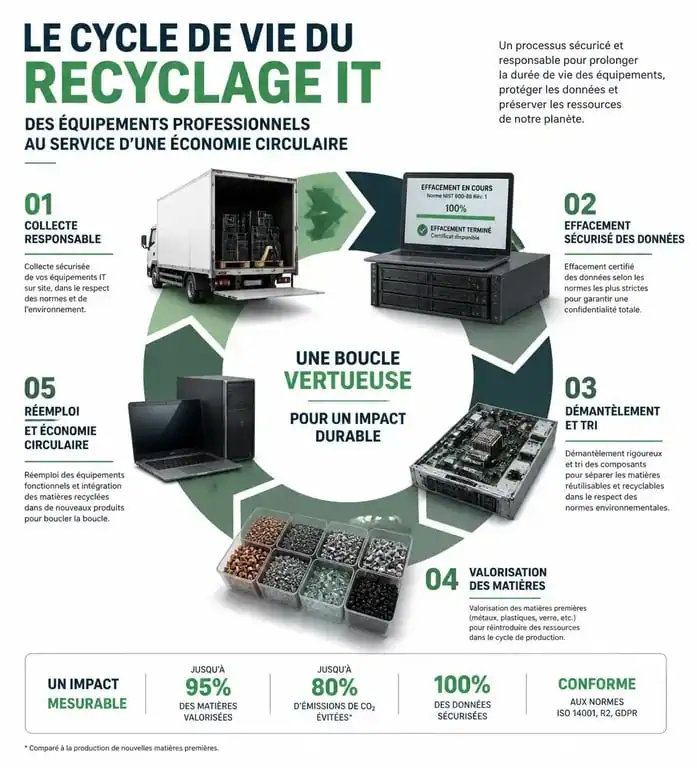 Schéma du cycle de recyclage du matériel informatique professionnel et valorisation des déchets électroniques