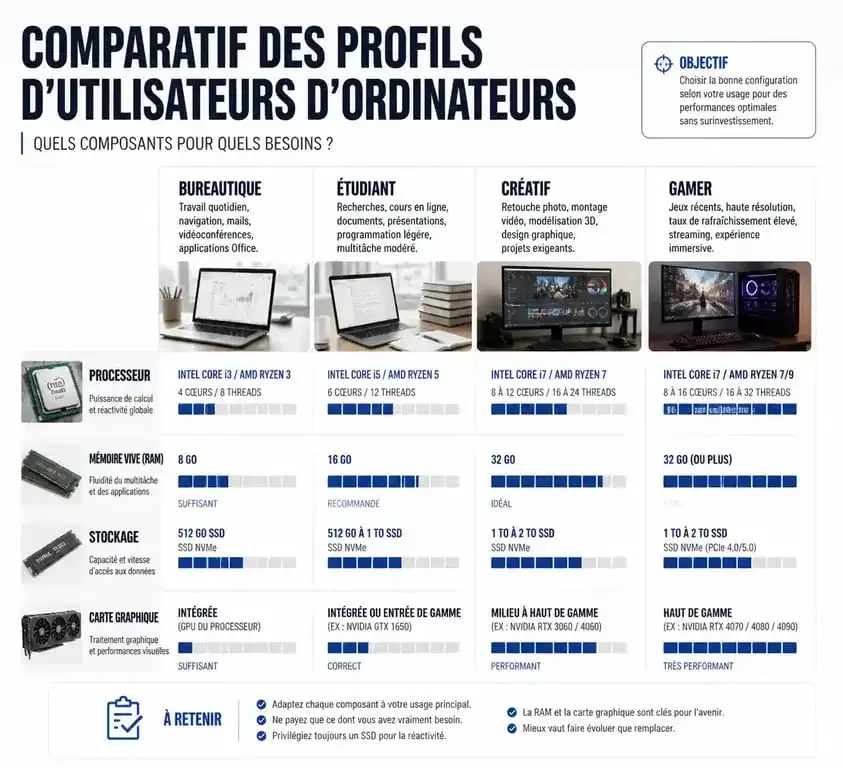 Infographie comparative pour savoir quel ordinateur choisir selon son profil d'utilisation