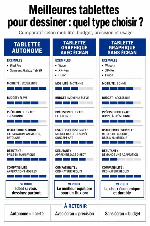 Meilleure tablette pour dessiner : infographie comparative des modèles et critères de choix