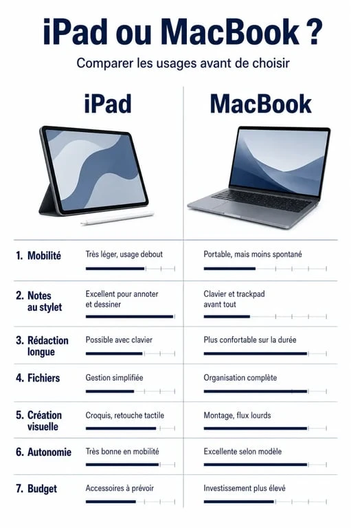 iPad vs MacBook : visuel comparatif des usages, mobilité, productivité et prix