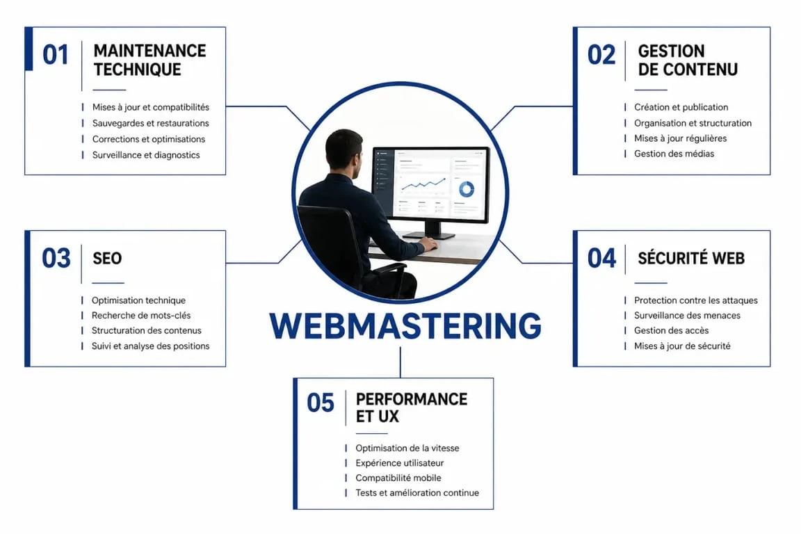 Schéma du webmastering montrant la coordination entre maintenance, contenu, SEO, sécurité et performance