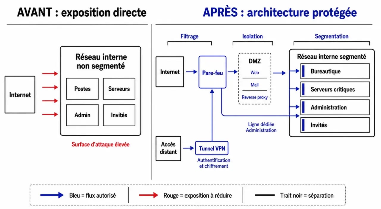 Protéger les infrastructures informatiques de son entreprise face aux intrusions : schéma réseau avec pare-feu, VPN, DMZ et segmentation