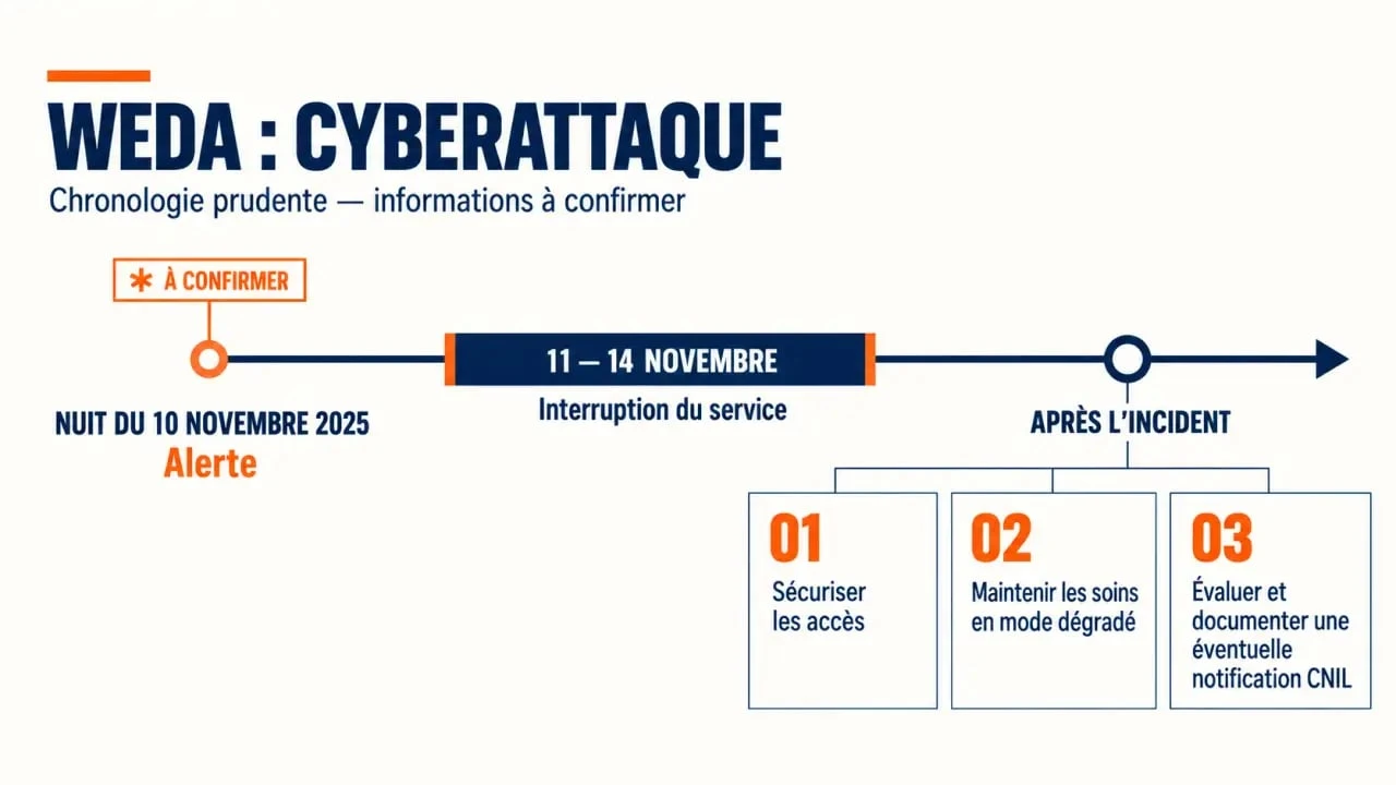 Infographie sur la cyberattaque du logiciel WEDA, sa chronologie et les actions post-incident