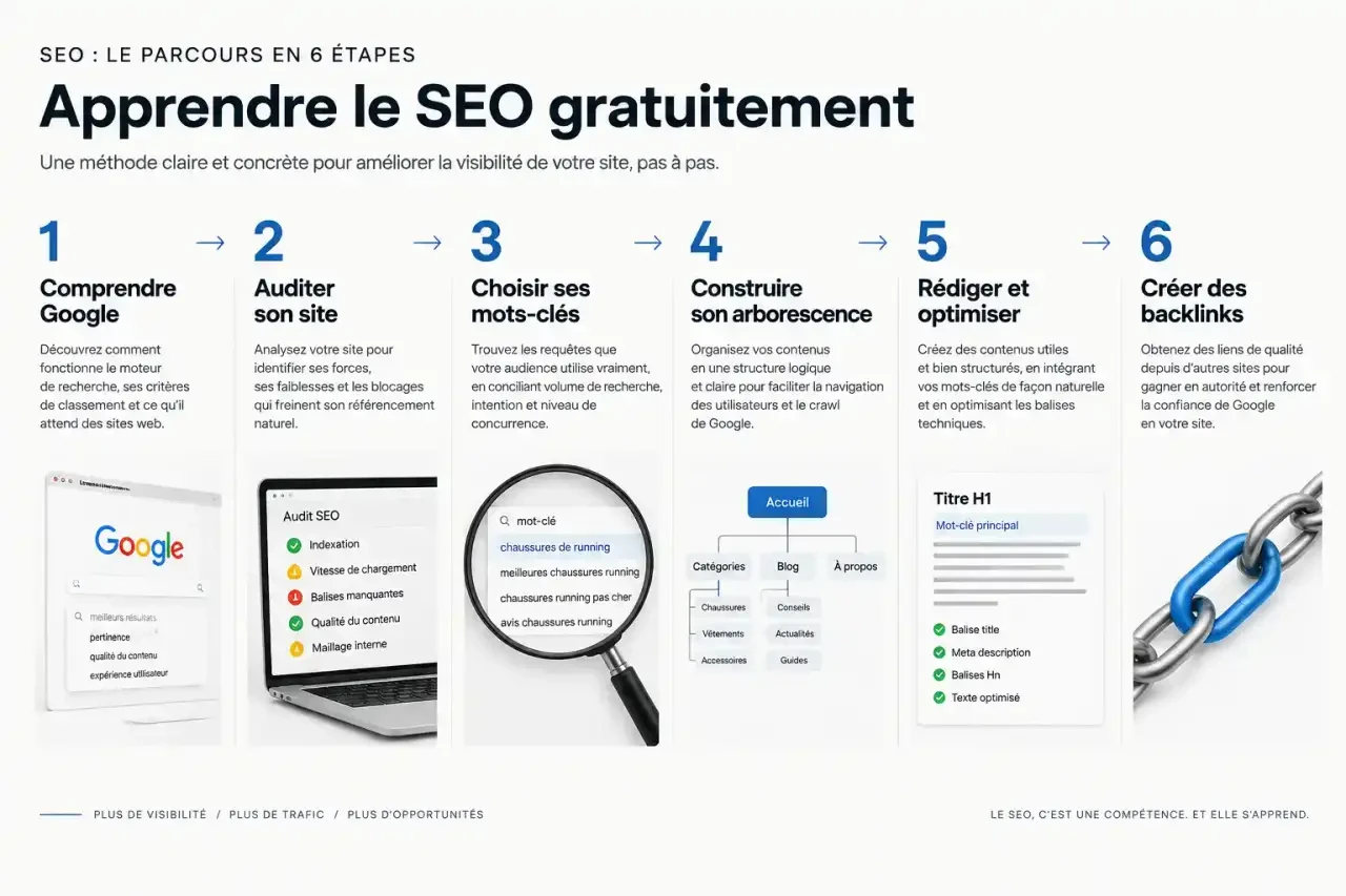 Parcours en six étapes d'une formation SEO gratuite, de la compréhension de Google à la création de backlinks