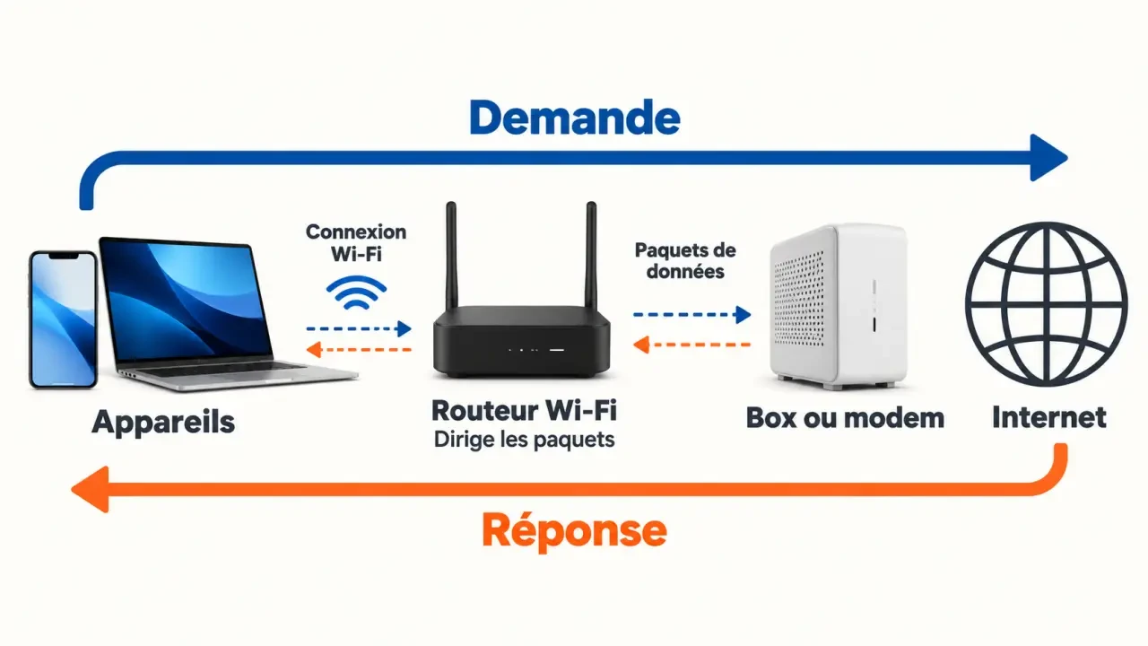 Schéma expliquant routeur wifi : comment ça marche entre les appareils, la box et Internet